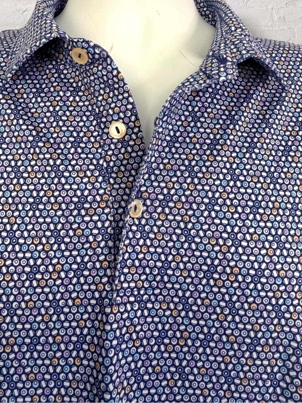 Peter Millar Summer Comfort Billiard Polo Shirt Size L Blue Geometric Circles